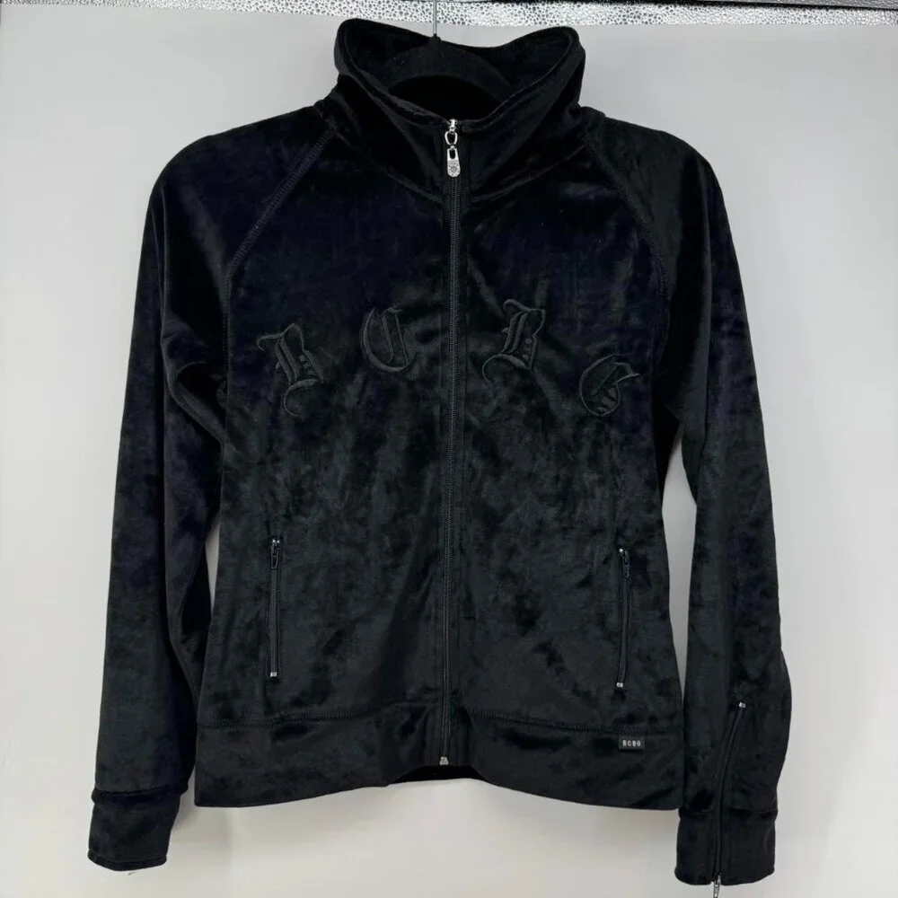 BCBG Y2K Max Azria Women’s Velour Zip Jacket S Black Gothic Embroidered Logo - Picture 1 of 6